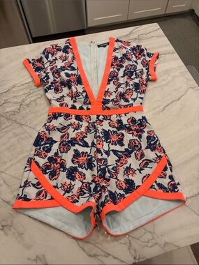MISSGUIDED Floral Navy & Hot Pink One-Piece Romper SZ 6 but fits small